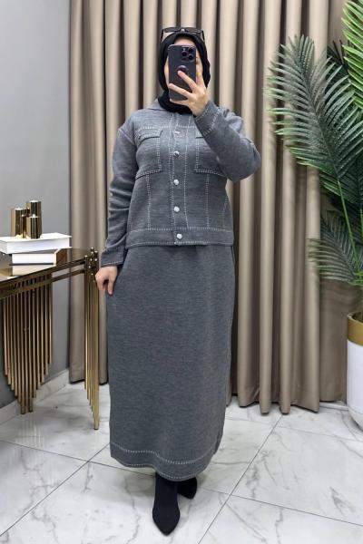 Melis Triko Etekli Takım Füme Füme