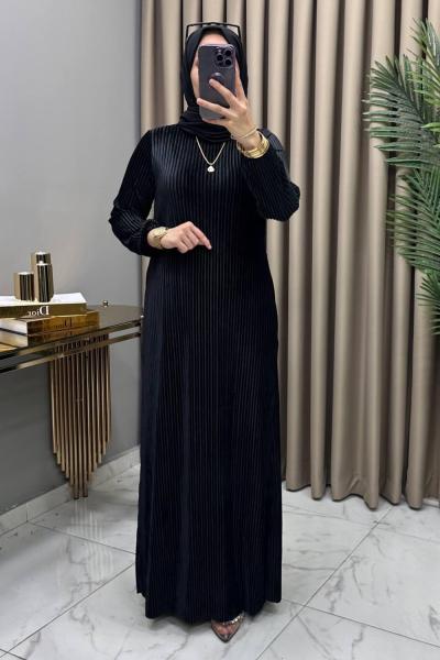 Multi Piliseli Kadife Elbise Siyah Siyah