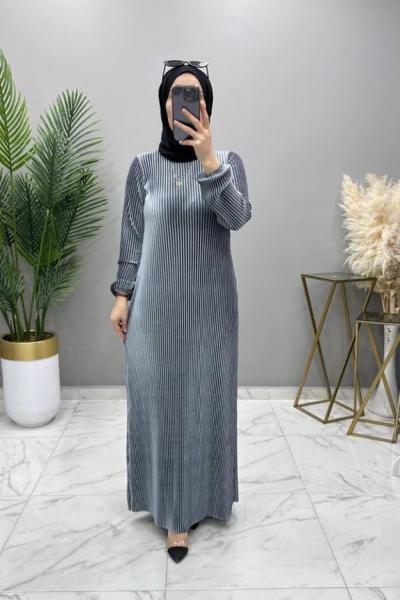 Multi Pliseli Kadife Elbise Gri Gri