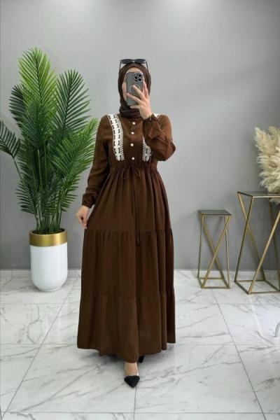 Nakışlı Elbise Kahve  Kahverengi