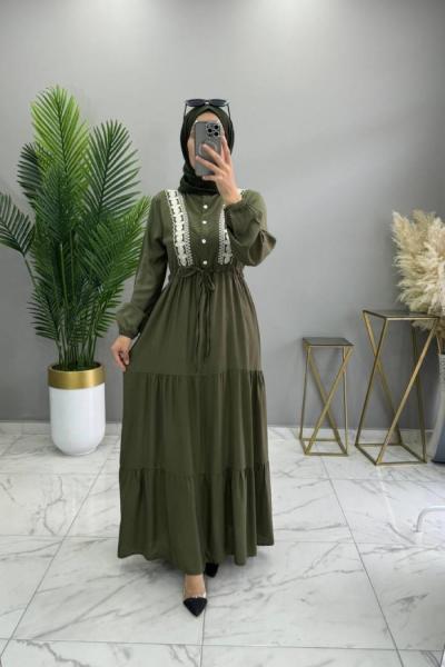 Nakışlı Elbise Haki Haki