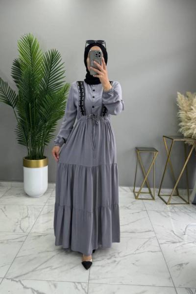Nakışlı Elbise Gri Gri