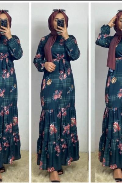 Pamuklu Saten Elbise Yeşil Yeşil