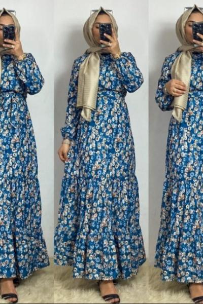 Pamuklu Saten Elbise Mavi Mavi