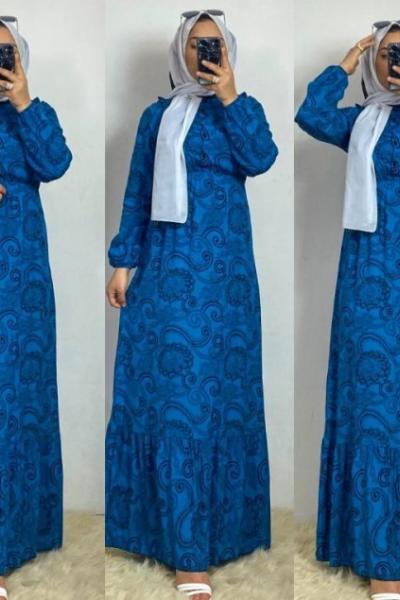 Pamuklu Viskon Elbise Mavi Mavi