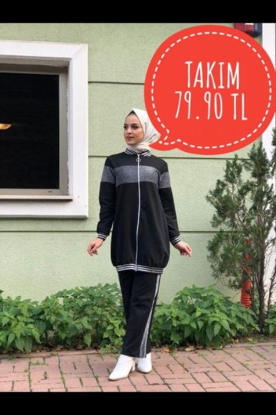 pantolonlu ikili takım Gri Siyah