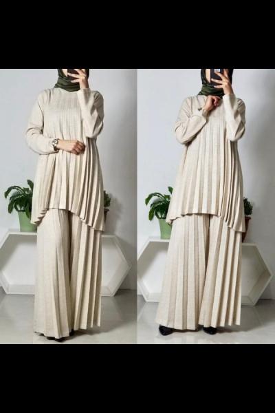 piliseli pantolonlu triko ikili takım taş Taş Rengi