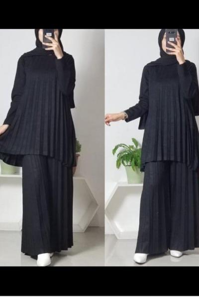 piliseli pantolonlu triko ikili takım siyah Siyah