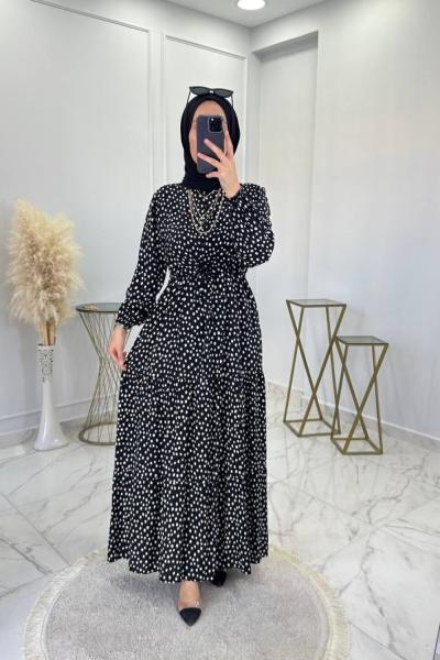 Puantiye Elbise Siyah Siyah Beyaz