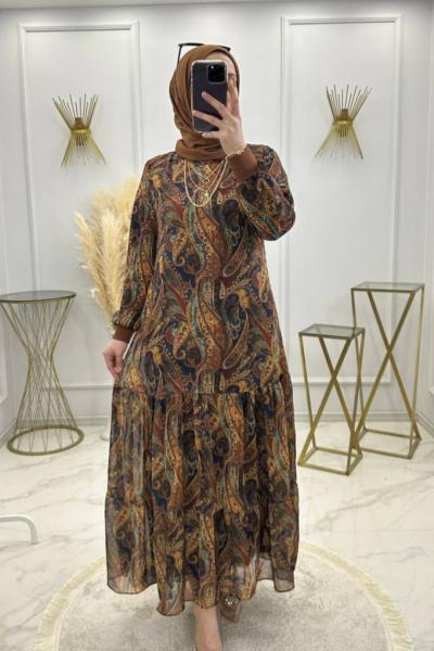 Şal Desen Şifon Elbise  Karışık Renkler