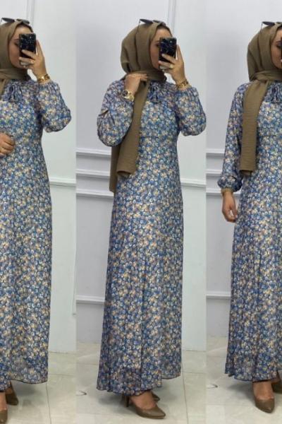 Şifon Elbise Mavi Mavi