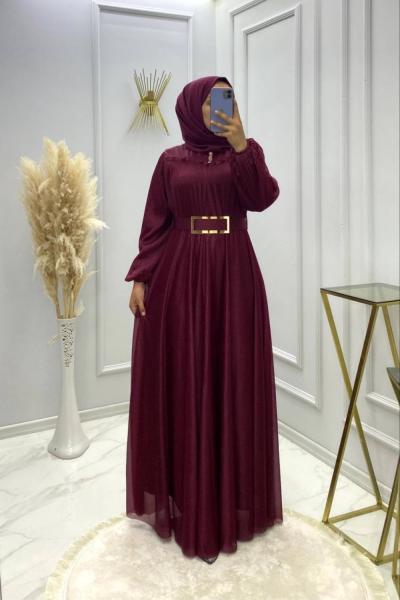 Simli Abiye Elbise Bordo Bordo