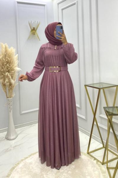 Simli Abiye Elbise Pudra Pudra