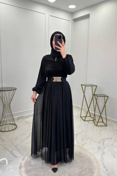 Simli Abiye Elbise Siyah Siyah