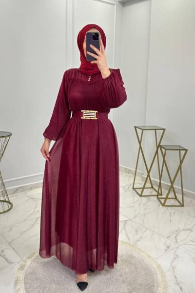 Simli Abiye Elbise Bordo Bordo