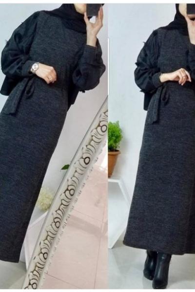 Triko Tül Detaylı Elbise Siyah