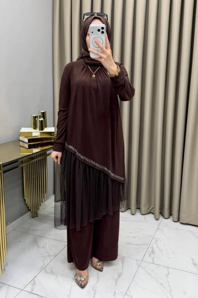 Tüllü Takım Kahve Kahverengi