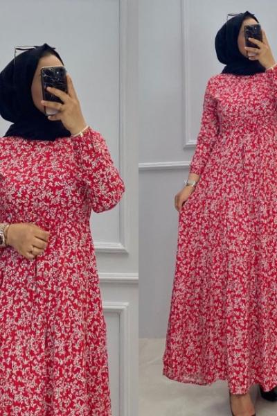 Viskon Elbise Kırmızı Kırmızı