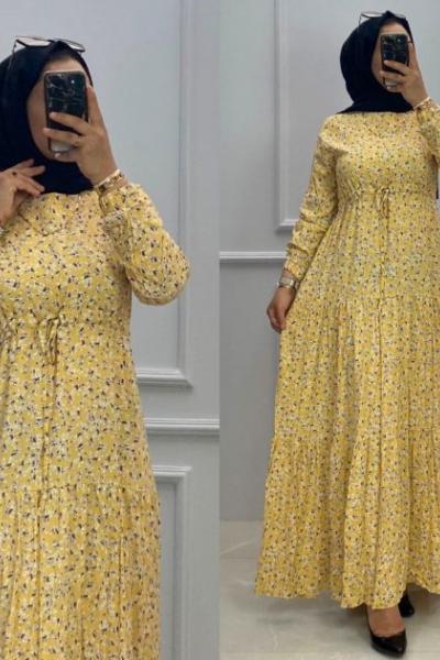 Viskon Elbise Sarı Sarı