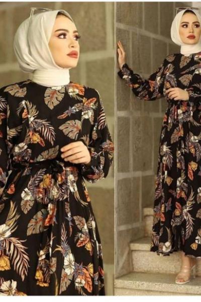 Viskon Kuşaklı Elbise Siyah Siyah