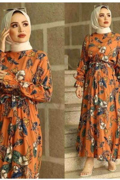 Viskon Kuşaklı Elbise Kiremit Kiremit