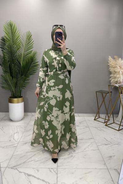 Yaprak Şifon Elbise Haki Haki