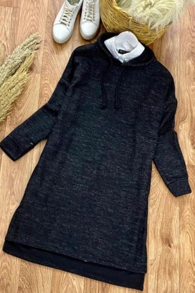 Yumoş Kapşonlu Tunik Siyah Siyah