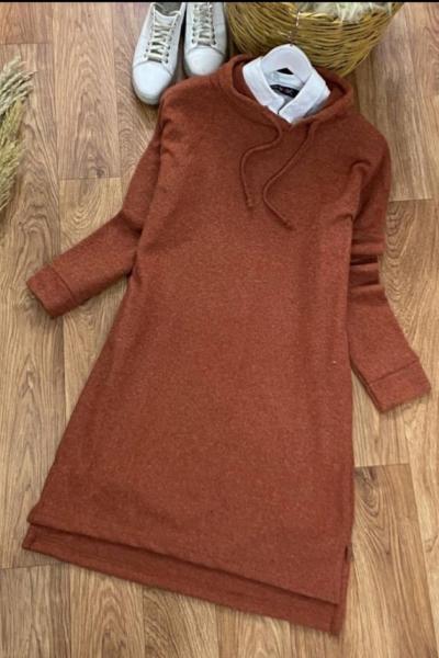 Yumoş Kapşonlu Tunik Kiremit Kiremit