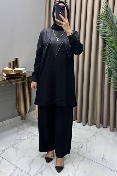 Zikzak Taş/Deri Detaylı Takım Siyah Siyah