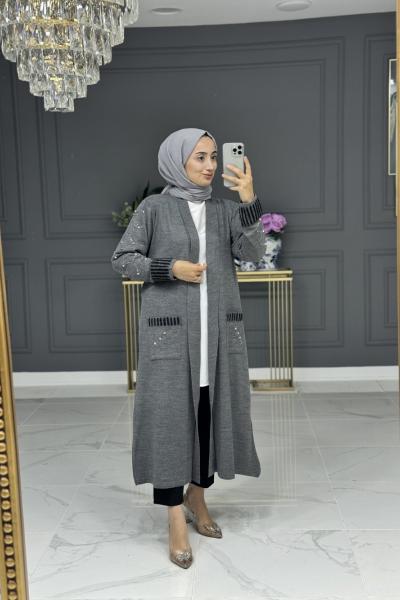 Arma uzun taşlı hırka - gri Gri