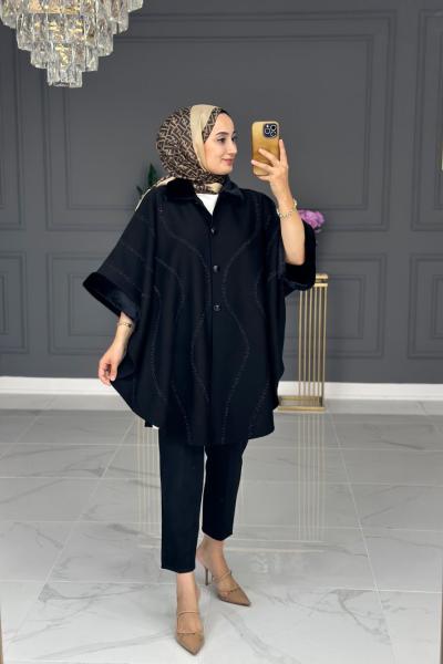 Aşk Kışlık Büyük Beden Panço - Siyah Siyah