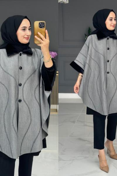 Aşk Kışlık Büyük Beden Panço - Gri Gri