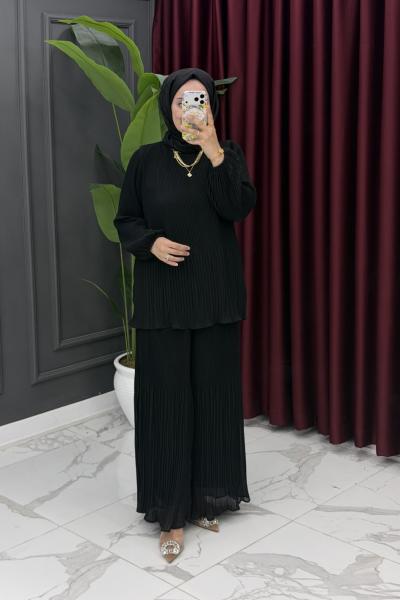 Astarlı Şifon Takım - Siyah Siyah