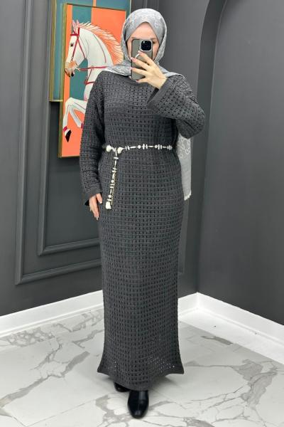 Astarlı Triko Elbise - Gri Gri