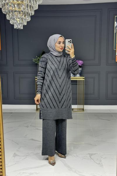 Behiye tesettur triko takım - gri Gri