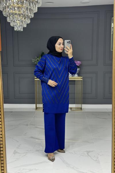 Behiye tesettur triko takım -mavi Mavi