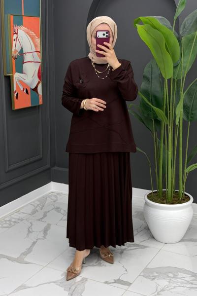 Çiçek Detaylı Etekli Takım - Kahve Kahverengi