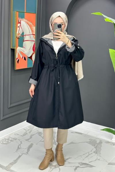 Çizgi Detaylı Trench - Siyah  Siyah