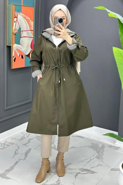 Çizgi Detaylı Trench - Haki  Haki