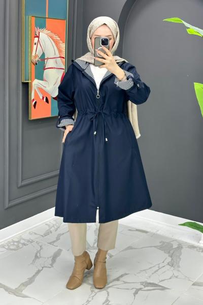 Çizgi Detaylı Trench - Lacivert Lacivert
