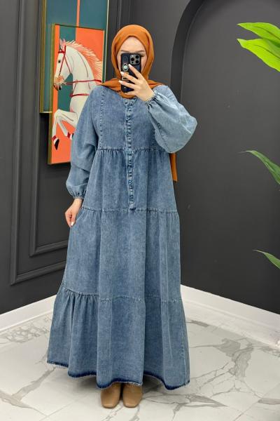 Düğmeli Kot Elbise - Mavi Mavi
