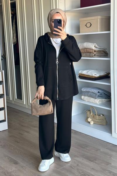 Fermuarlı Spor Takım - Siyah  Siyah