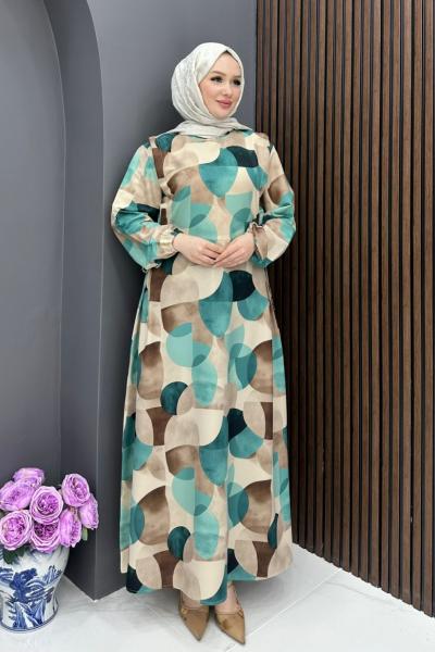 Geometrik Desen Elbise - Turkuaz Turkuaz