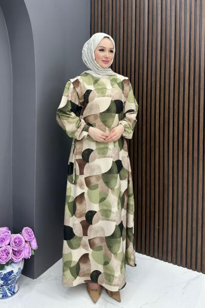 Geometrik Desen Elbise - Yeşil Yeşil