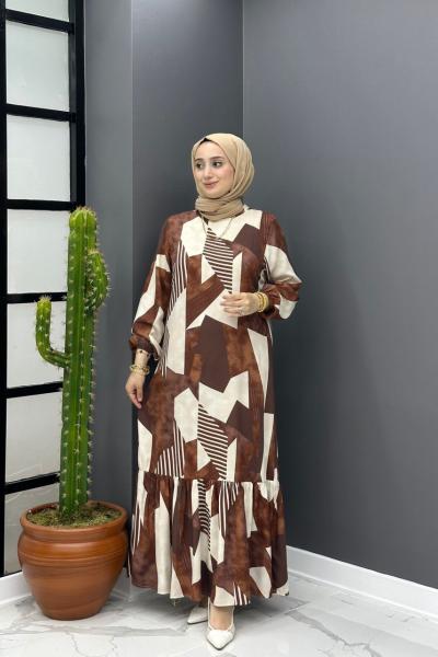 Güllü Elbise - Kahve  Kahverengi