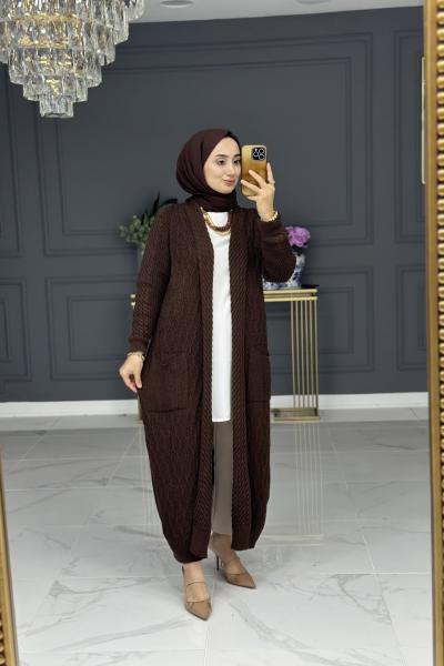 Hane uzun triko hırka - kahve Kahverengi