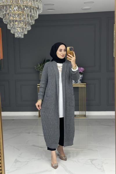 Hane uzun triko hırka - gri Gri