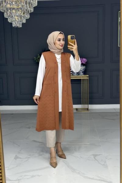 heidi triko uzun yelek - taba Taba