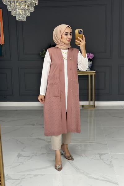 heidi triko uzun yelek - gül Gül