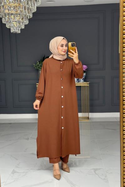 Hüda fitilli uzun takım -kahve Kahverengi